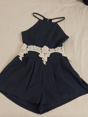 Womens' Navy Blue Romper with White Lace Waist